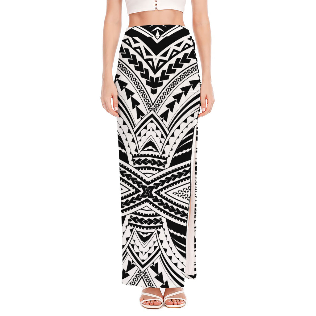 Black And White Maori Tribal Print High Slit Maxi Skirt