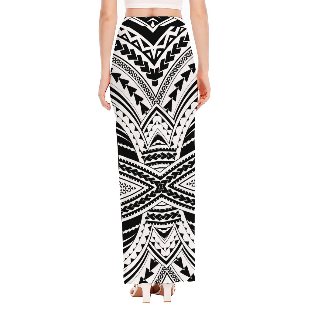 Black And White Maori Tribal Print High Slit Maxi Skirt