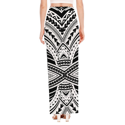 Black And White Maori Tribal Print High Slit Maxi Skirt