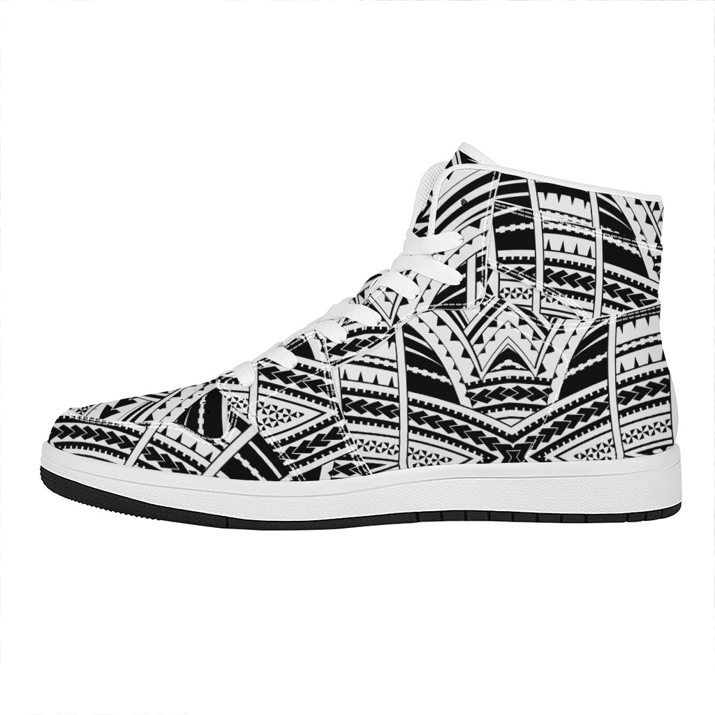 Black And White Maori Tribal Print High Top Leather Sneakers
