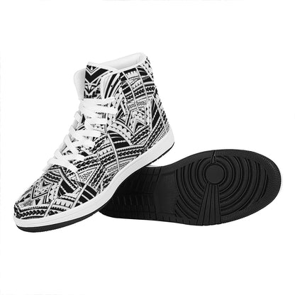 Black And White Maori Tribal Print High Top Leather Sneakers