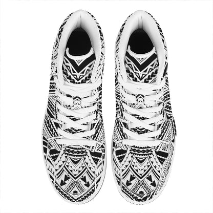 Black And White Maori Tribal Print High Top Leather Sneakers