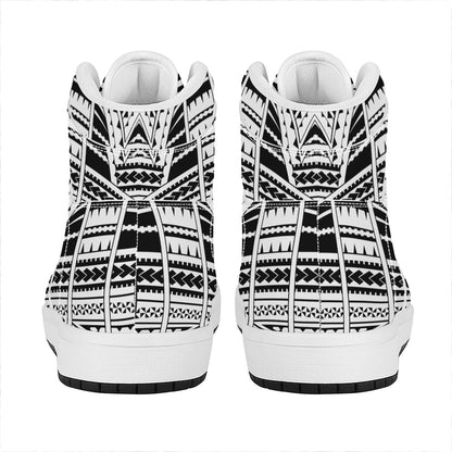 Black And White Maori Tribal Print High Top Leather Sneakers