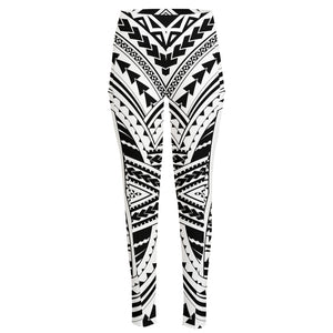 Black And White Maori Tribal Print High-Waisted Pocket Leggings