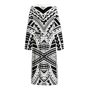 Black And White Maori Tribal Print Hooded Bathrobe