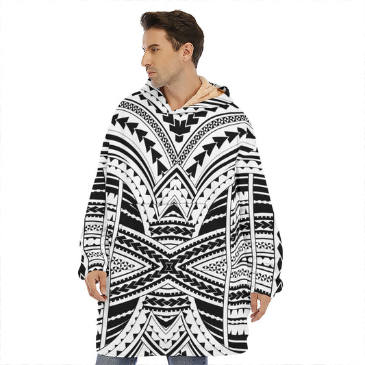 Black And White Maori Tribal Print Hoodie Blanket