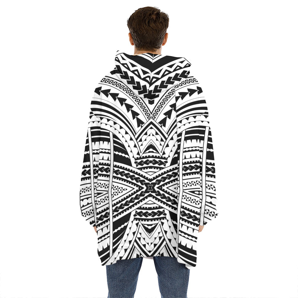 Black And White Maori Tribal Print Hoodie Blanket