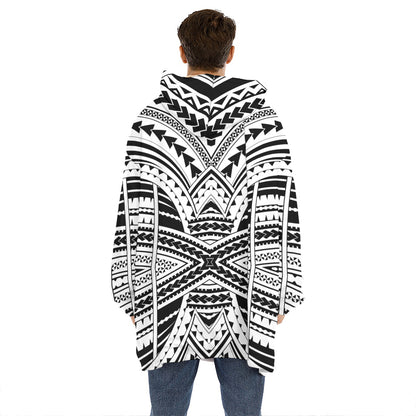 Black And White Maori Tribal Print Hoodie Blanket