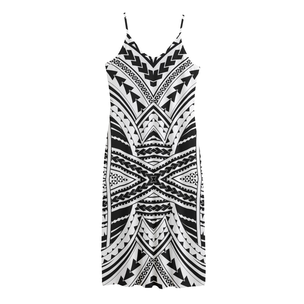 Black And White Maori Tribal Print Jersey Midi Cami Dress