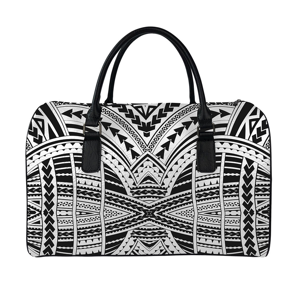 Black And White Maori Tribal Print Leather Duffle Bag