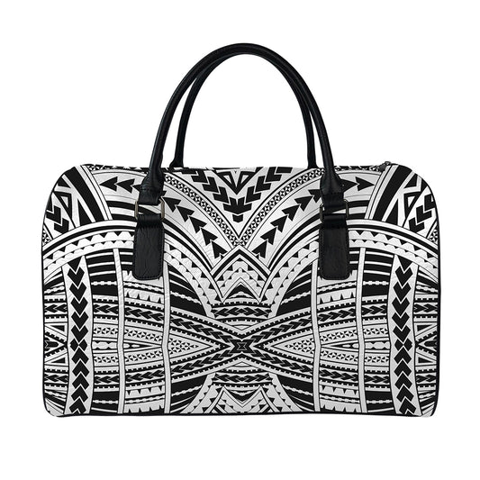 Black And White Maori Tribal Print Leather Duffle Bag
