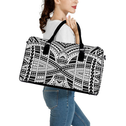 Black And White Maori Tribal Print Leather Duffle Bag