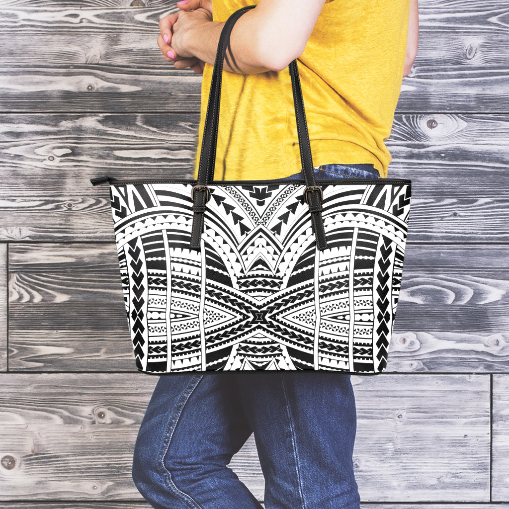 Black And White Maori Tribal Print Leather Tote Bag