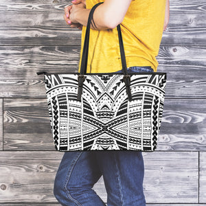 Black And White Maori Tribal Print Leather Tote Bag