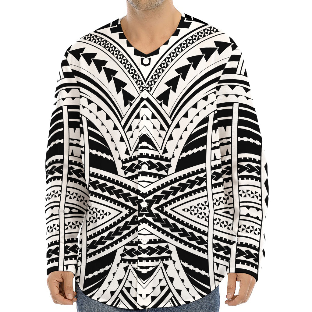 Black And White Maori Tribal Print Long Sleeve Baseball Jersey