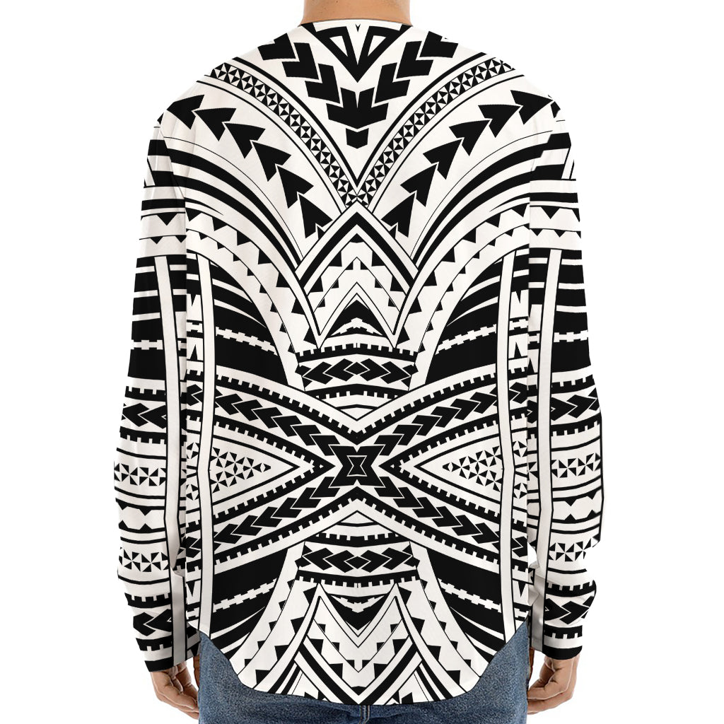 Black And White Maori Tribal Print Long Sleeve Baseball Jersey