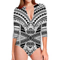 Black And White Maori Tribal Print Long Sleeve Swimsuit