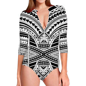 Black And White Maori Tribal Print Long Sleeve Swimsuit