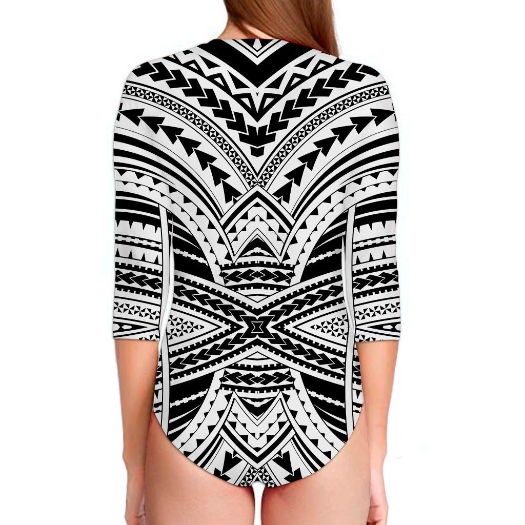 Black And White Maori Tribal Print Long Sleeve Swimsuit