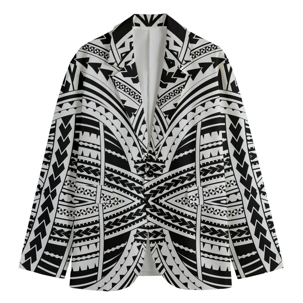 Black And White Maori Tribal Print Men's Cotton Blazer