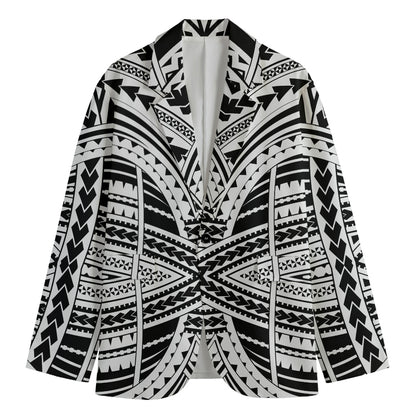 Black And White Maori Tribal Print Men's Cotton Blazer