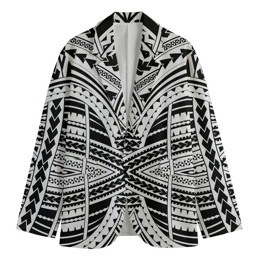 Black And White Maori Tribal Print Men's Cotton Blazer