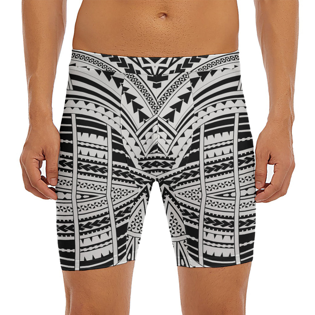 Black And White Maori Tribal Print Men's Long Boxer Briefs