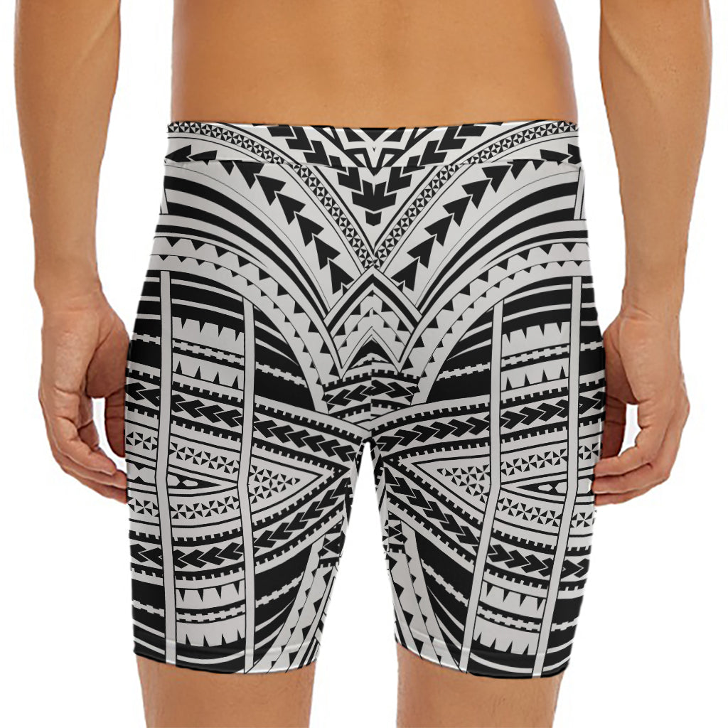Black And White Maori Tribal Print Men's Long Boxer Briefs