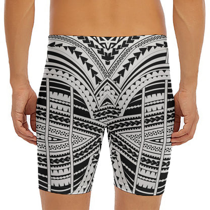 Black And White Maori Tribal Print Men's Long Boxer Briefs