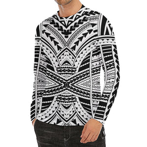 Black And White Maori Tribal Print Men's Long Sleeve Rash Guard