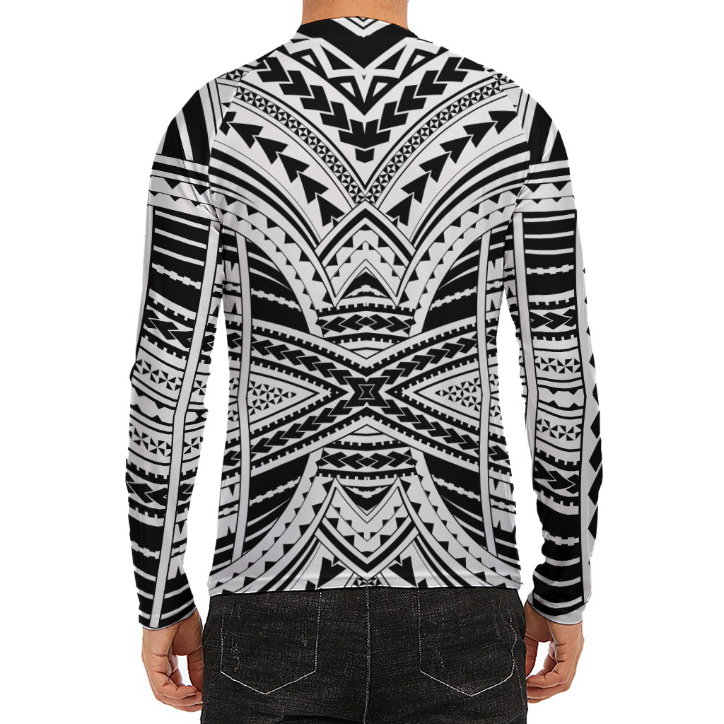 Black And White Maori Tribal Print Men's Long Sleeve Rash Guard