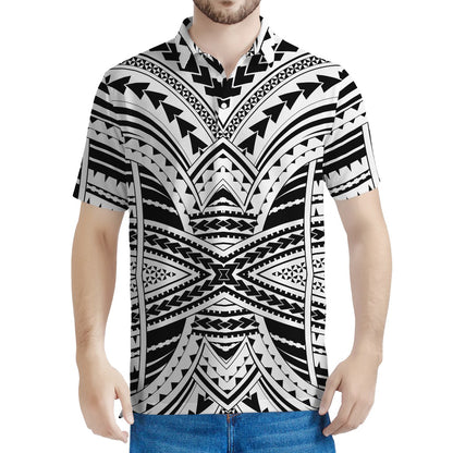 Black And White Maori Tribal Print Men's Polo Shirt