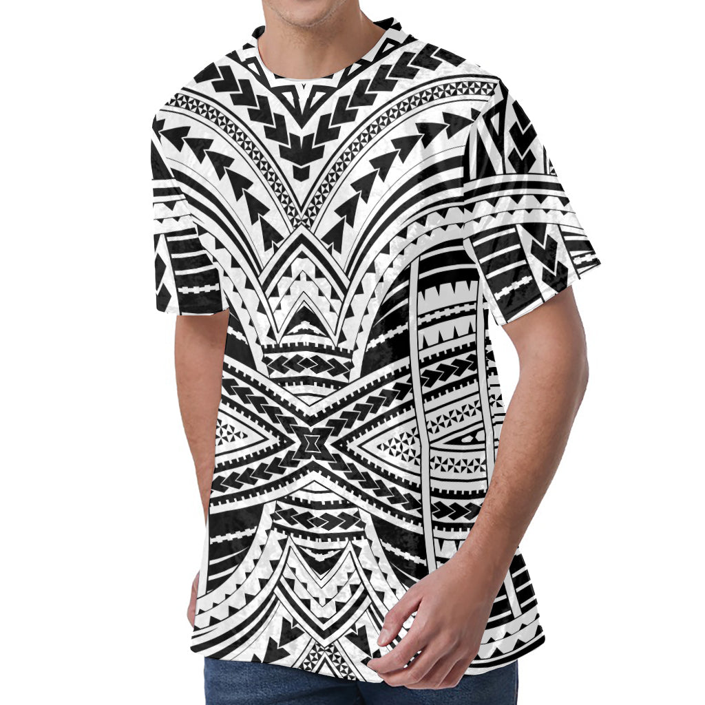 Black And White Maori Tribal Print Men's Velvet T-Shirt