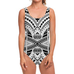 Black And White Maori Tribal Print One Piece Swimsuit