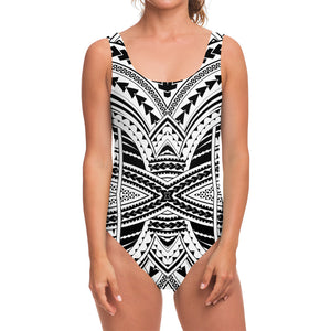 Black And White Maori Tribal Print One Piece Swimsuit