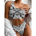 Black And White Maori Tribal Print One Shoulder Bikini Set