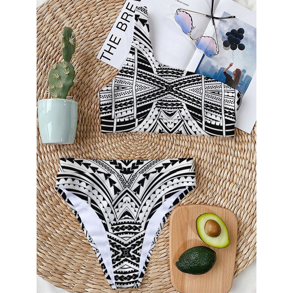 Black And White Maori Tribal Print One Shoulder Bikini Top