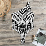 Black And White Maori Tribal Print One Shoulder Bodysuit