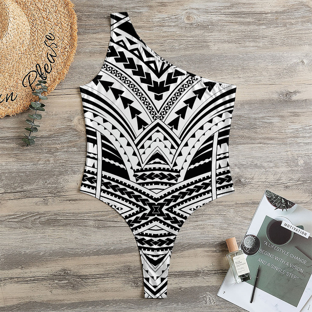 Black And White Maori Tribal Print One Shoulder Bodysuit