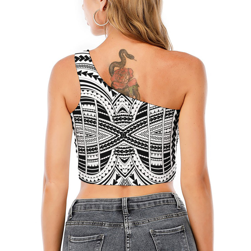 Black And White Maori Tribal Print One Shoulder Crop Top