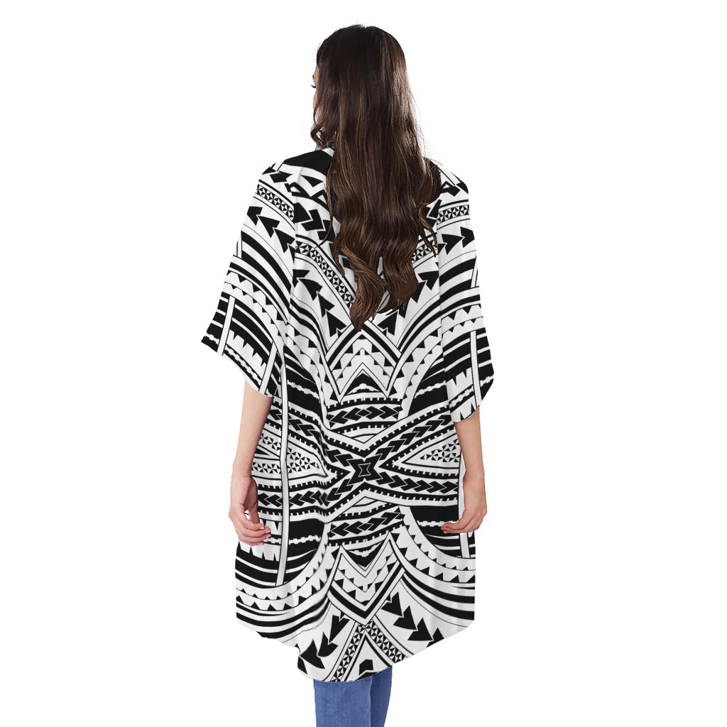 Black And White Maori Tribal Print Open Front Beach Cover Up