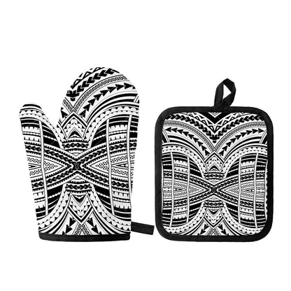 Black And White Maori Tribal Print Oven Mitt And Pot Holder Set