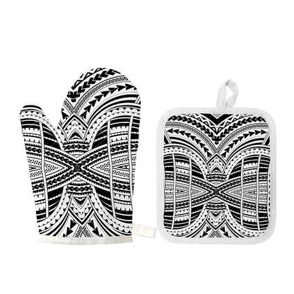 Black And White Maori Tribal Print Oven Mitt And Pot Holder Set