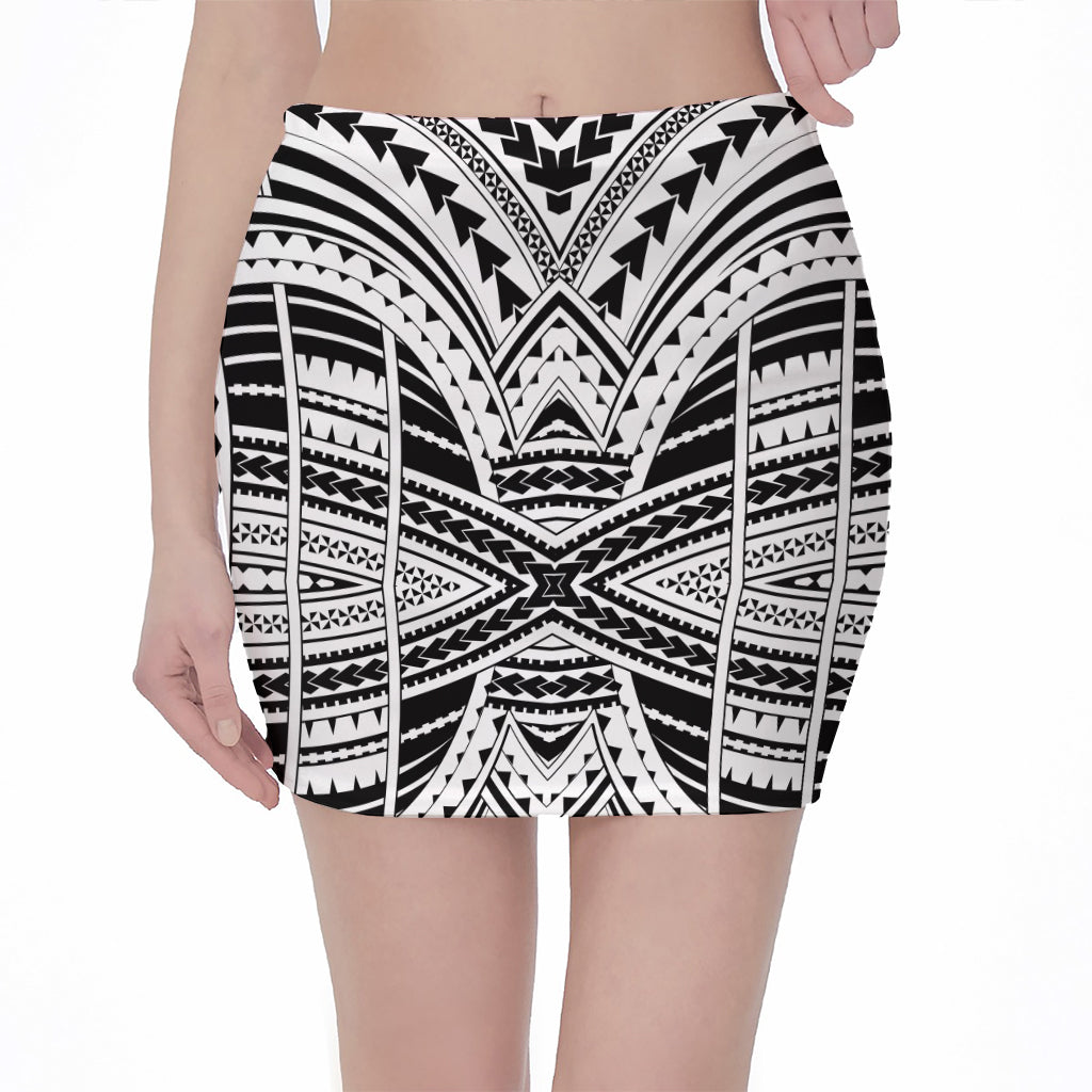 Black And White Maori Tribal Print Pencil Mini Skirt