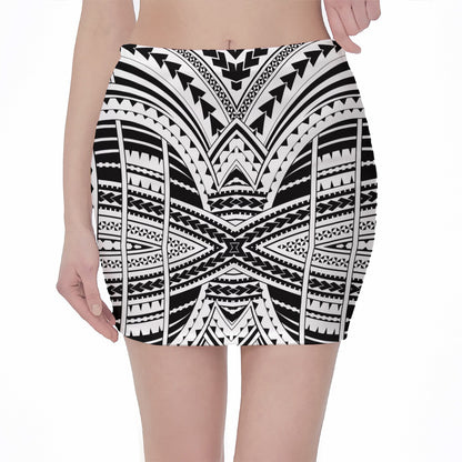 Black And White Maori Tribal Print Pencil Mini Skirt