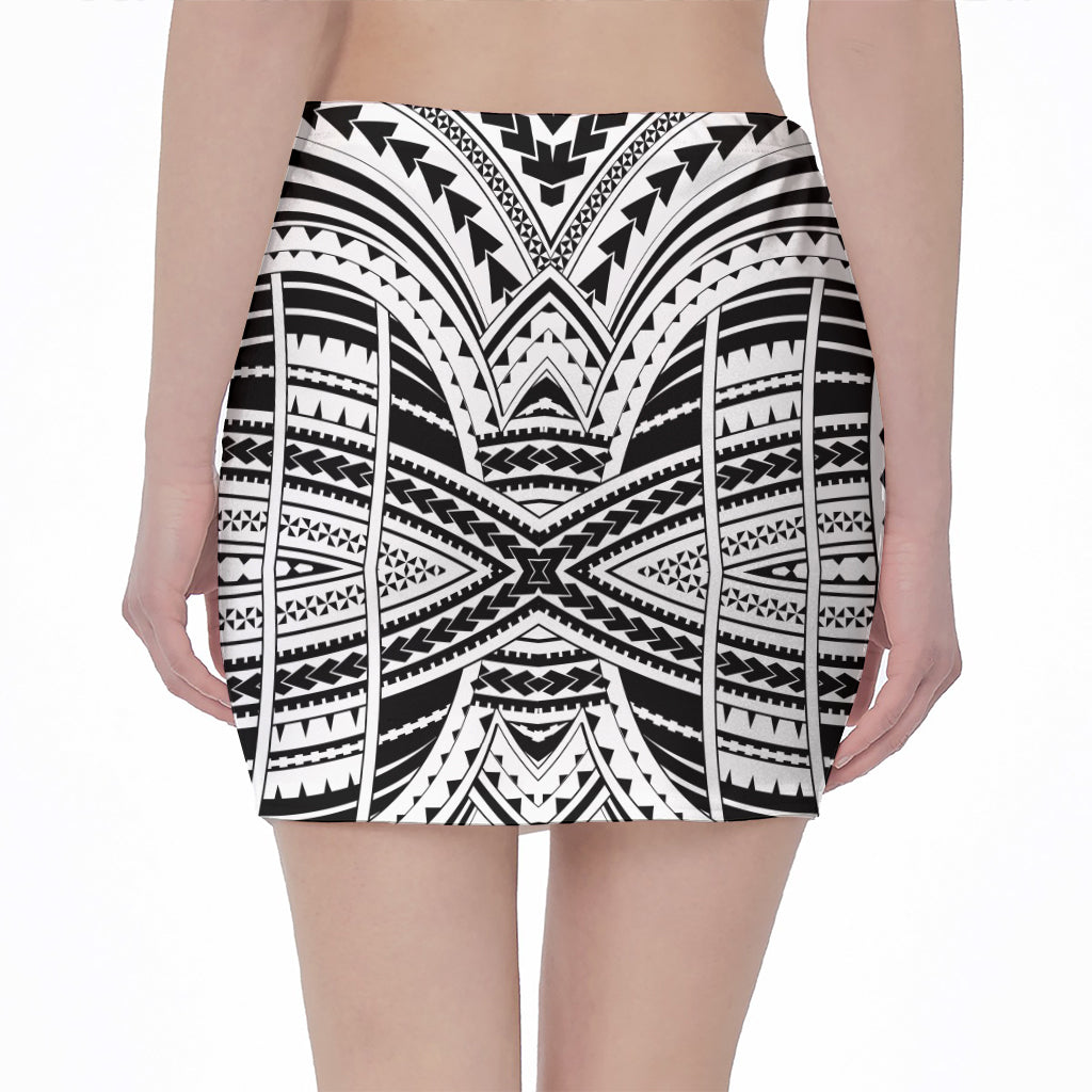 Black And White Maori Tribal Print Pencil Mini Skirt