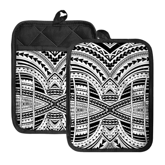 Black And White Maori Tribal Print Pot Holders With Pocket