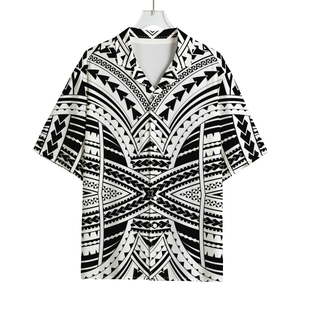 Black And White Maori Tribal Print Rayon Hawaiian Shirt