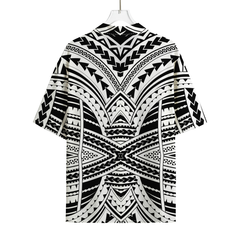 Black And White Maori Tribal Print Rayon Hawaiian Shirt