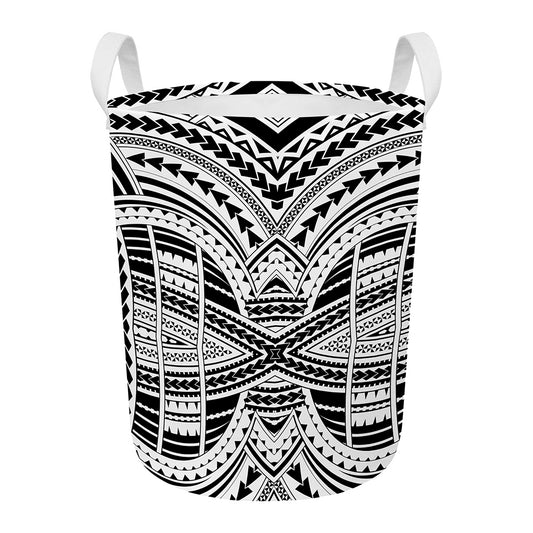 Black And White Maori Tribal Print Round Laundry Basket